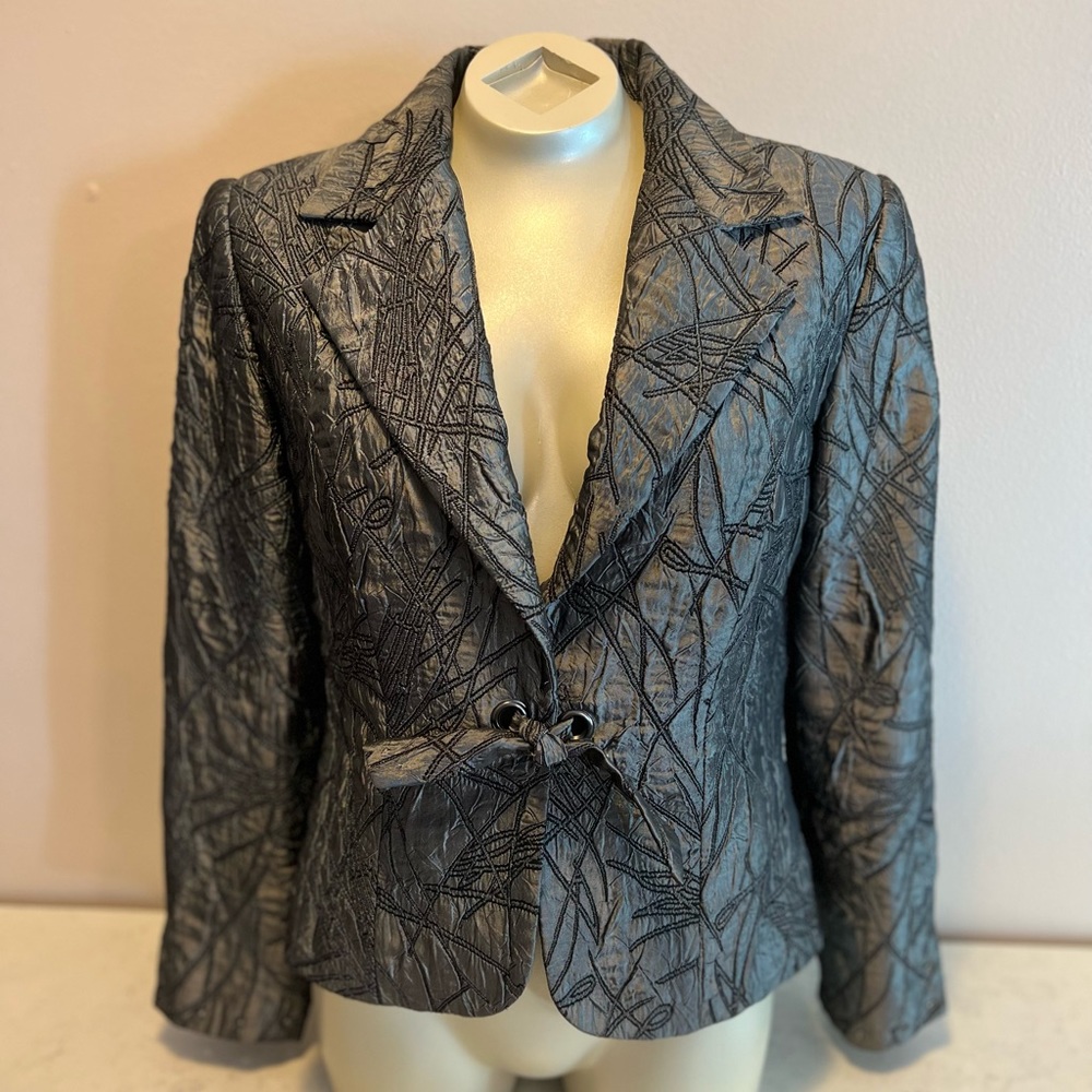 LENA GABRIELLE Sz 6 Grey Abstract Shimmer  Blazer Jacket Lined Tie Closure